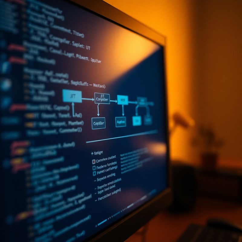 Diagramă conceptuală a unui pipeline JIT pe ecran, în tonuri albastru-cerneală și alb cald