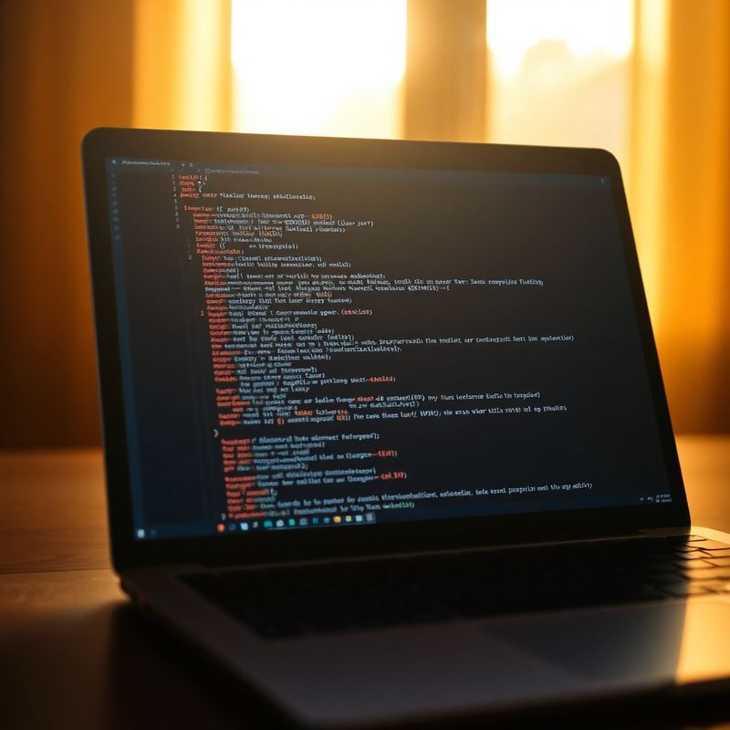 Cod Rust pe ecranul unui laptop scăldat în lumină caldă de fereastră, cu temă albastru-cerneală