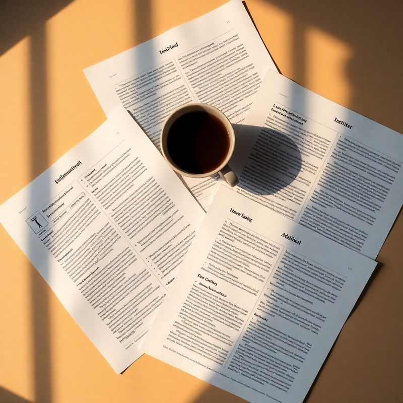 Articole tehnice tipărite și o cană de cafea pe o suprafață alb-cald, cu adnotări albastru-cerneală